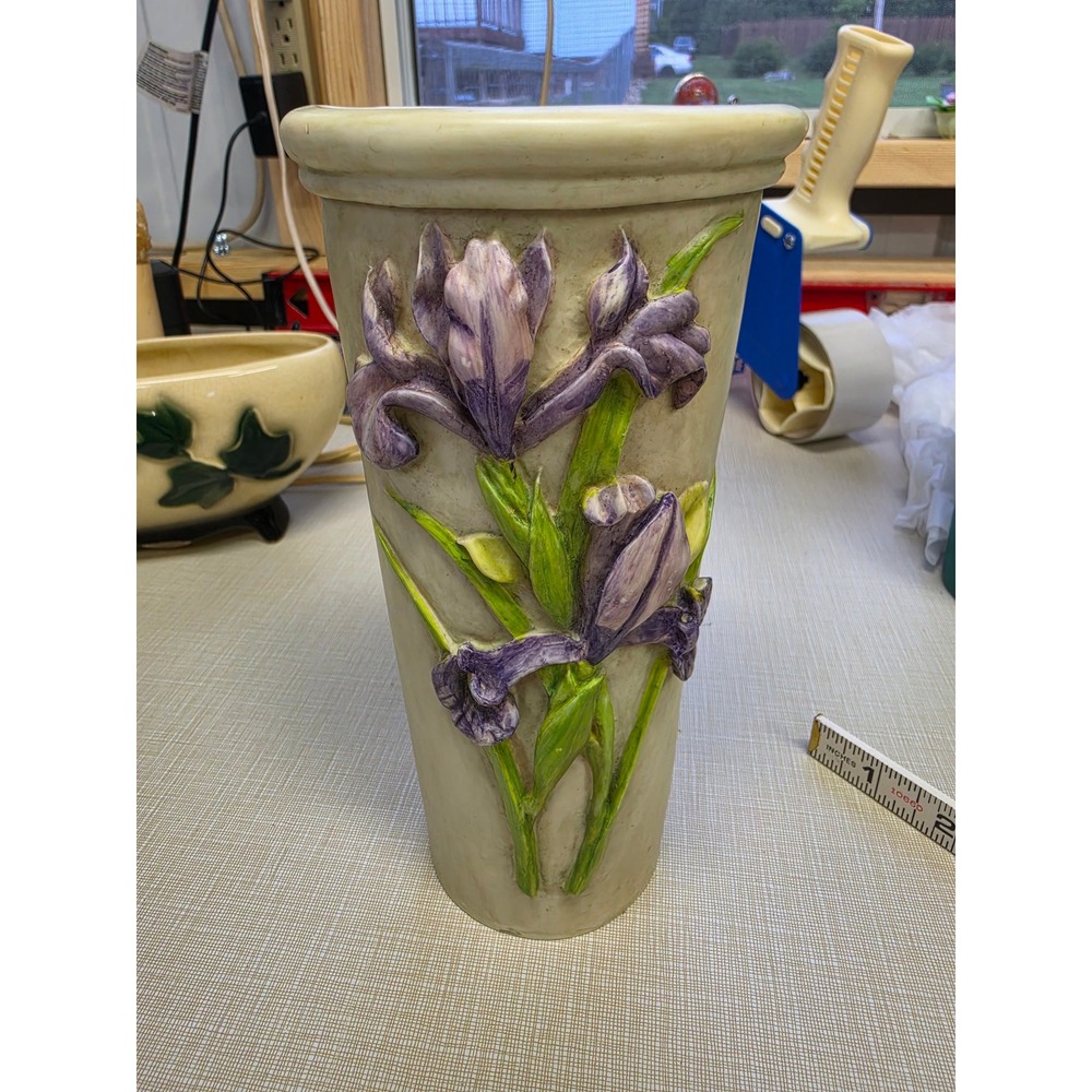 Hen-Feathers Iris Xiphium Hand-Cast Resin Vase Purple Floral 3D Relief 9.5 Inch